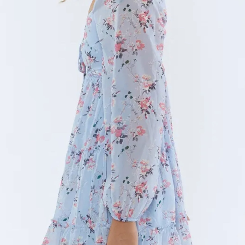 F21 Floral Print Long Sleeve Milkmaid Mini Dress Baby Blue / L/G  BNWT - Picture 3 of 4